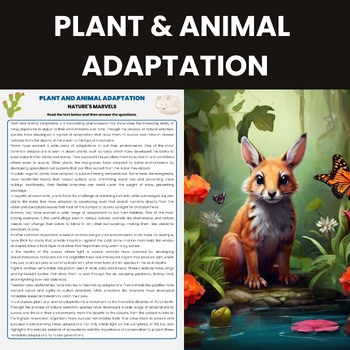 Preview of Plant and Animal Adaptations  Reading Comprehension Passage Worksheet