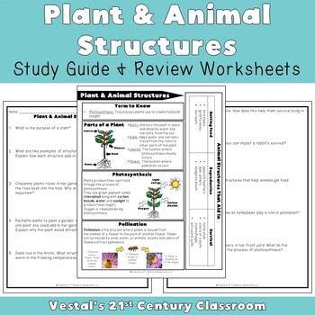 Preview of Plant and Animal Structures Study Guide and Review Worksheets - VA SOL 4.2