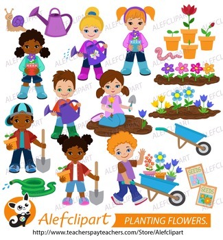 Preview of Planting Flowers.Children plant flowers.Digital Clipart. Creative Clips.