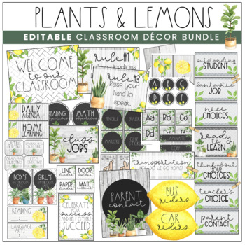 Preview of Plants & Lemon Theme Classroom Decor Kit | EDITABLE | Rustic | Farmhouse