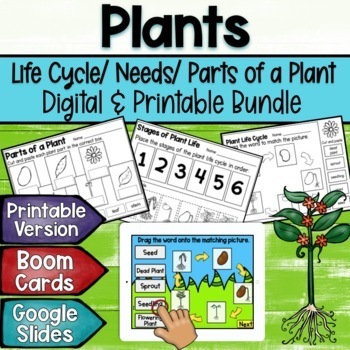 Preview of Plants: Life Cycles, Parts of a Plant, Needs Boom Cards