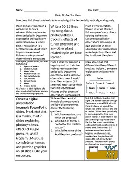 Preview of Plants Mini Experiments Tic-Tac-Toe Menu