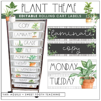 Preview of Plants Theme 10-Drawer Rolling Cart Labels| Farmhouse Classroom Decor | EDITABLE