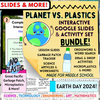 Preview of Earth Day 2024! Planet vs. Plastics  Activity Set & Slides Bundle Middle School
