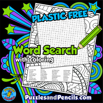 Preview of Plastic Free Word Search Puzzle Activity with Coloring | Earth Day Wordsearch