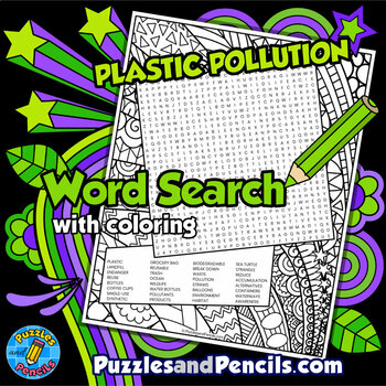 Preview of Plastic Pollution Word Search Puzzle Activity & Coloring | Environmental Issues