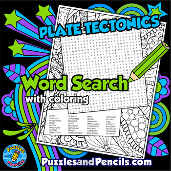 Preview of Plate Tectonics Word Search Puzzle with Coloring | Earth Science Wordsearch