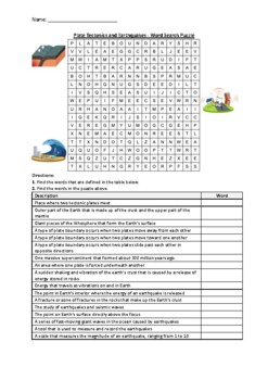 Preview of Plate Tectonics and Earthquakes - Word Search Puzzle Worksheet (Printables)