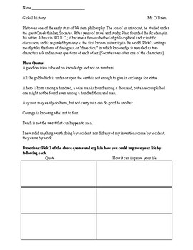 Plato Ancient Greece Primary Source worksheet by Kevin O'Brien | TPT