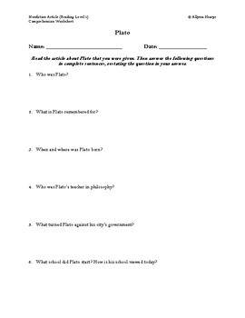 Preview of Plato Article (Reading Level 1) Comprehension Worksheet