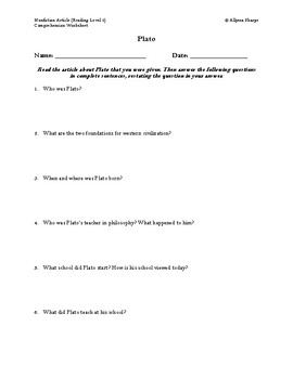 Preview of Plato Article (Reading Level 2) Comprehension Worksheet