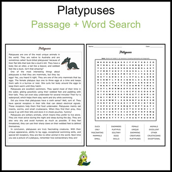 Platypuses Reading Comprehension and Word Search by Kakapo Reading Passages
