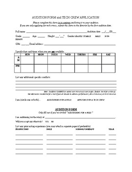 Preview of Play Audition Form + Tech Crew Application