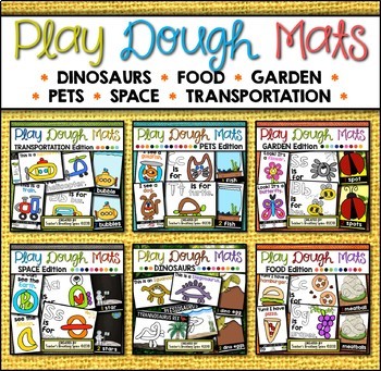 Preview of Play Dough Mats BUNDLE  |  Dinosaurs, Food, Garden, Pets, Space & Transportation