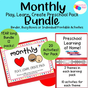 Preview of Play Learn Create Preschool Monthly Homeschool Binder Workbook Year Long Bundle