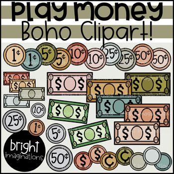 Preview of Play Money Clipart | Boho Play Money | Math Manipulative Clipart