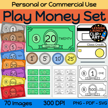 Preview of Play Money Dollar Bills and Coins (Fake Class Money) - Printable Clipart