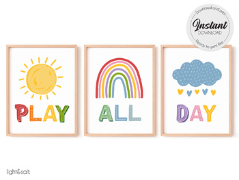 Preview of Play all Day poster set of 3, Lets Play sign, Nursery wall art, playroom decor