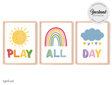 Play all Day poster set of 3, Lets Play sign, Nursery wall