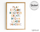 Play, explore, discover, create, dream, learn, imagine poster