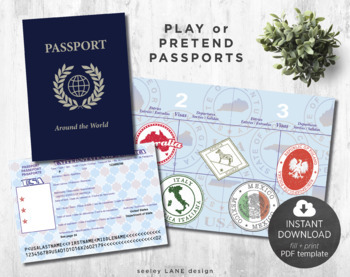 Preview of Play or Pretend USA Passport Template with 64 selected country stamps, Fillable