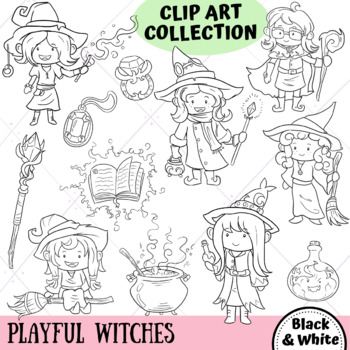 Preview of Playful Witches Fantasy Clip Art (BLACK AND WHITE ONLY)