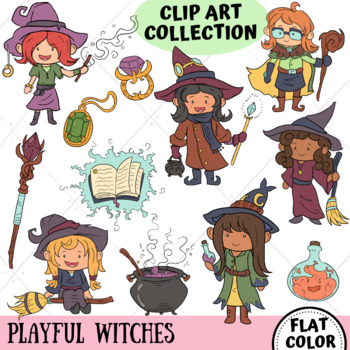 Preview of Playful Witches Fantasy Clip Art (FLAT COLOR ONLY)