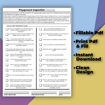 Preview of Playground Safety Self Inspection Checklist For Daycares, Preschool & Child Care