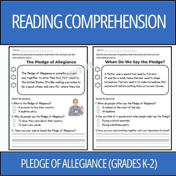 Preview of Pledge of Allegiance Reading Comprehension Passages and Questions (Grades K-2)