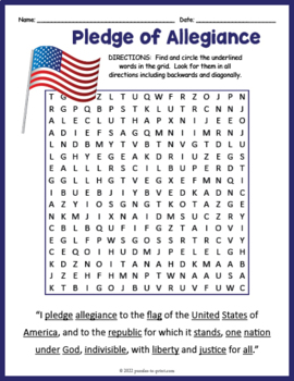 Pledge of Allegiance Word Search by Puzzles to Print | TpT