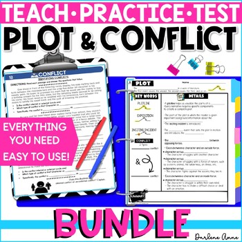 Preview of Plot Elements & Conflict Slideshow, Notes, Practice Worksheets, Test