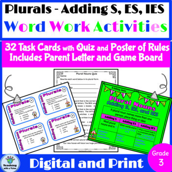 Preview of Plural Noun Endings S, ES and IES Task Cards Word Work Activities