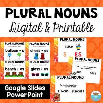Preview of Plural Nouns- Adding S or ES Google Slides, Powerpoint, & Task Cards