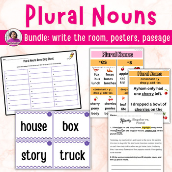 Preview of Plural Nouns Bundle | Passage | Posters | Write the Room Task Cards
