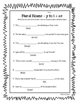 Plural Nouns - Change y to i add es fill-in practice worksheet | TpT