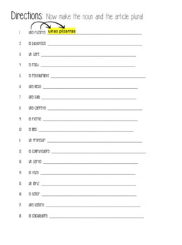 Editable Plural Spanish Nouns And Articles Note Sheet And Answer Key