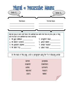 plural and possessive nouns worksheet and definitions by kristi deroche