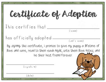 Plush Puppy Adoption Certificate For End Of Year Gift By Laughter With Literacy