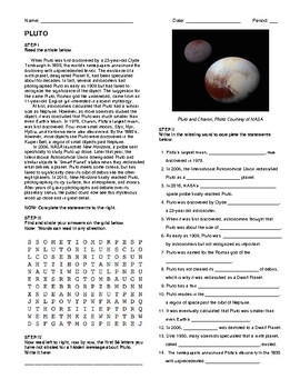 Preview of Pluto- Article, Questions, Wordsearch, and Hidden Message!