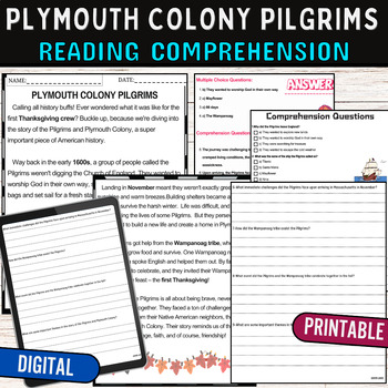 Preview of Plymouth Colony Pilgrims Reading Comprehension Passage Quiz,Digital & Printable