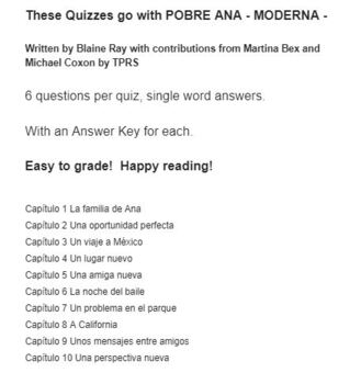 Preview of Pobre Ana - Moderna -  Quizzes Bundle with AK