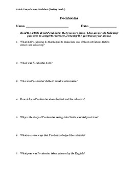 Preview of Pocahontas Article (Reading Level 1) Comprehension Worksheet