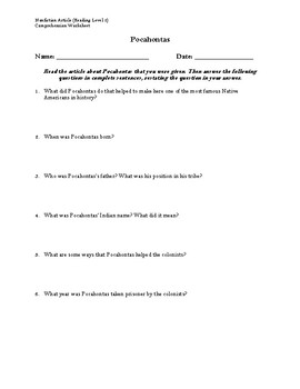 Preview of Pocahontas Article (Reading Level 2) Comprehension Worksheet