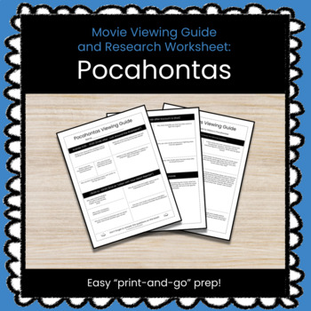 Preview of Pocahontas Movie Viewing Guide & Research Worksheet *Print & Go Prep*