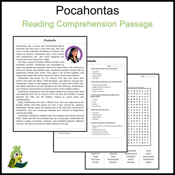 Pocahontas Reading Comprehension and Word Search by Kakapo Reading Passages
