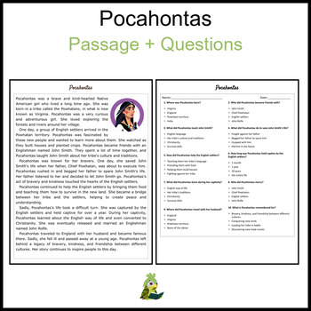 Pocahontas Reading Comprehension and Word Search by Kakapo Reading Passages
