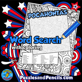 Preview of Pocahontas Word Search Puzzle Activity Page with Coloring | Virginia History