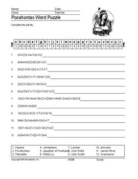 Pocahontas Word Search Worksheet and Vocabulary Puzzle Activities