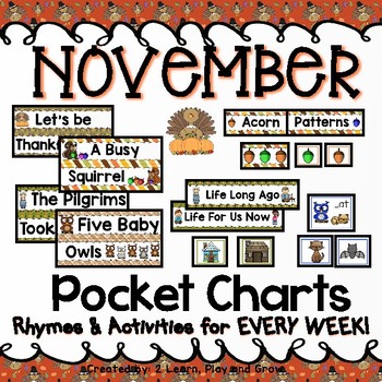 Preview of November Pocket Chart Activities Thanksgiving, Turkey, Pilgrims, Squirrel, Owl