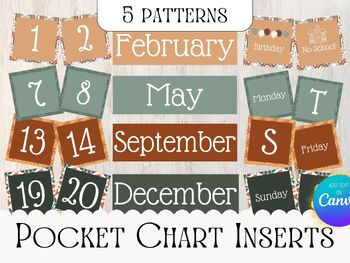 Preview of Pocket Chart Calendar Inserts Cottage Core, Fall Color Calendar Inserts